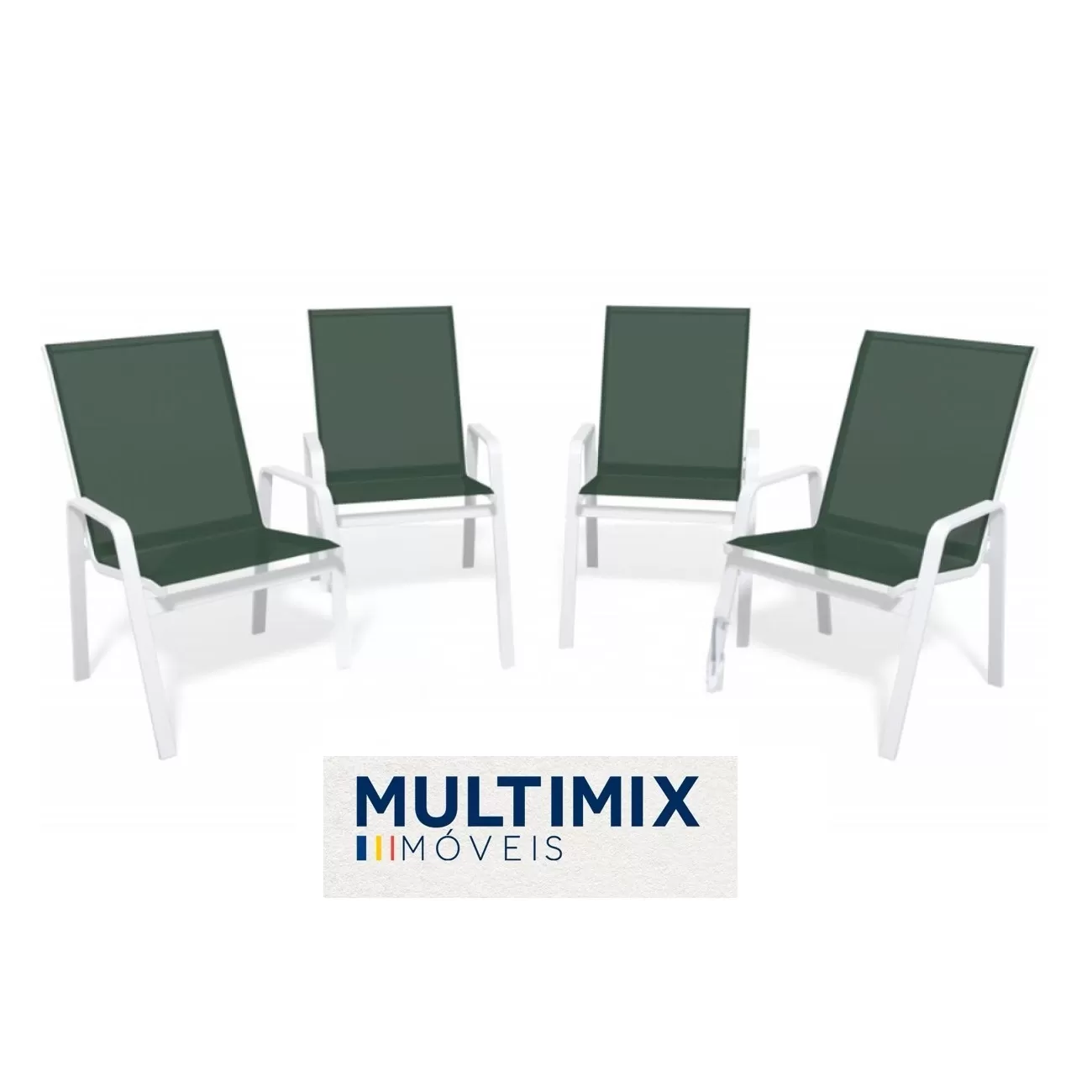 Kit com 4 Cadeiras para Piscina Summer - Alumínio Branco, Tela Sling Verde Escuro | Empilhável