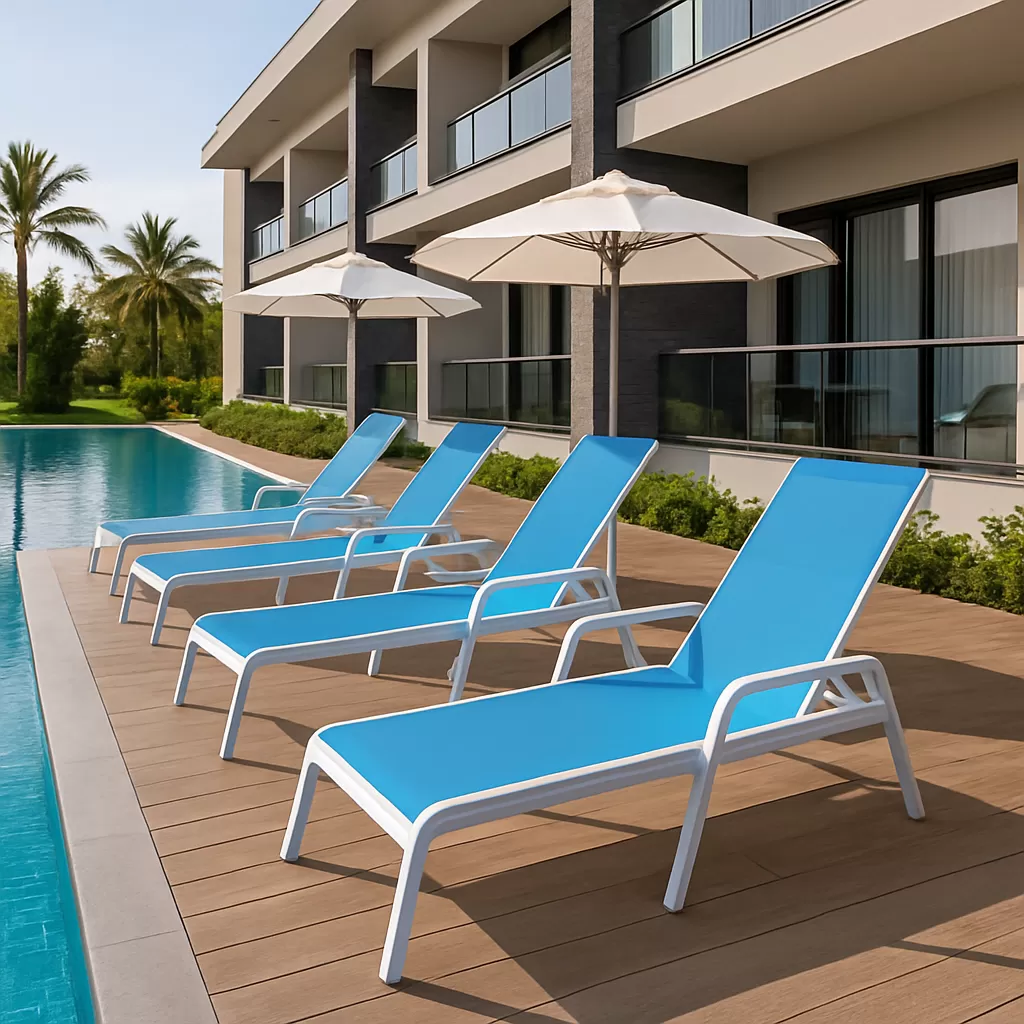 Kit com 2 Espreguiçadeiras para Piscina Summer - Alumínio Branco, Tela Sling Azul Claro | Empilhável