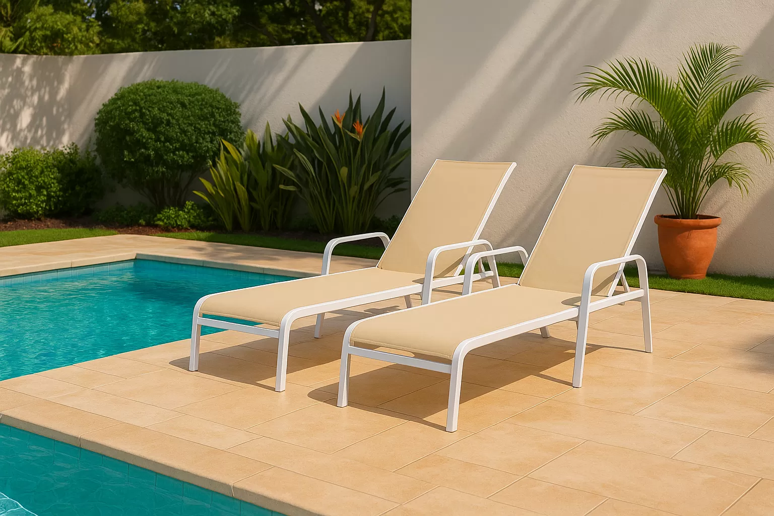 Kit com 2 Espreguiçadeiras para Piscina Summer - Alumínio Branco, Tela Sling Bege | Empilhável