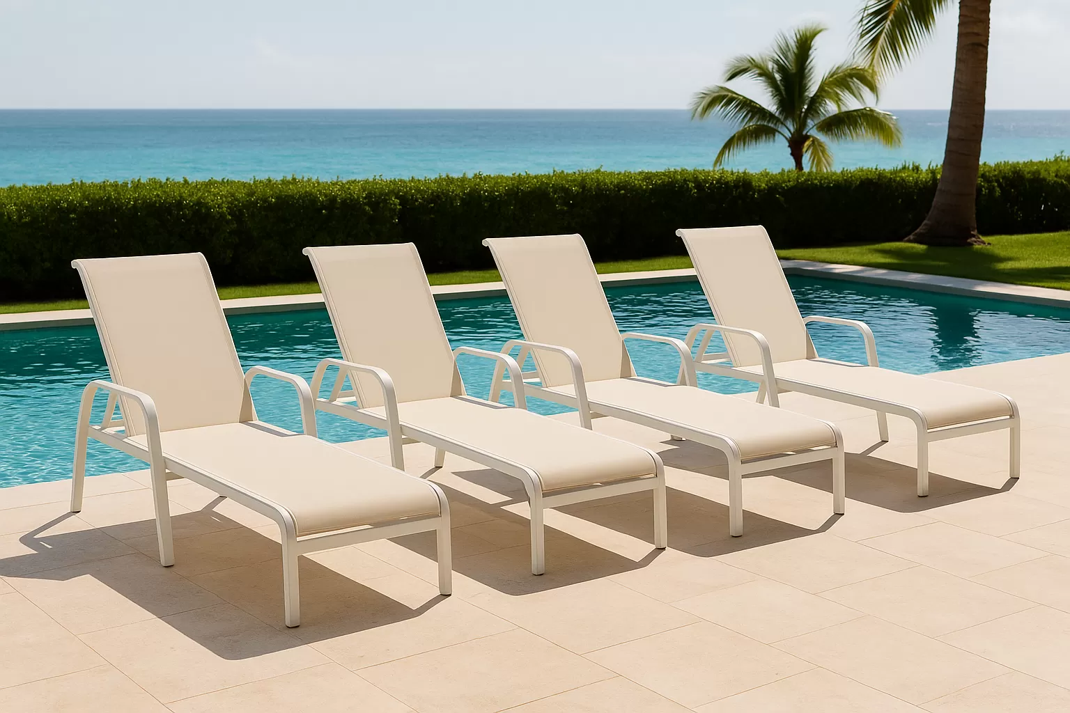 Kit com 2 Espreguiçadeiras para Piscina Summer - Alumínio Branco, Tela Sling Branca | Empilhável