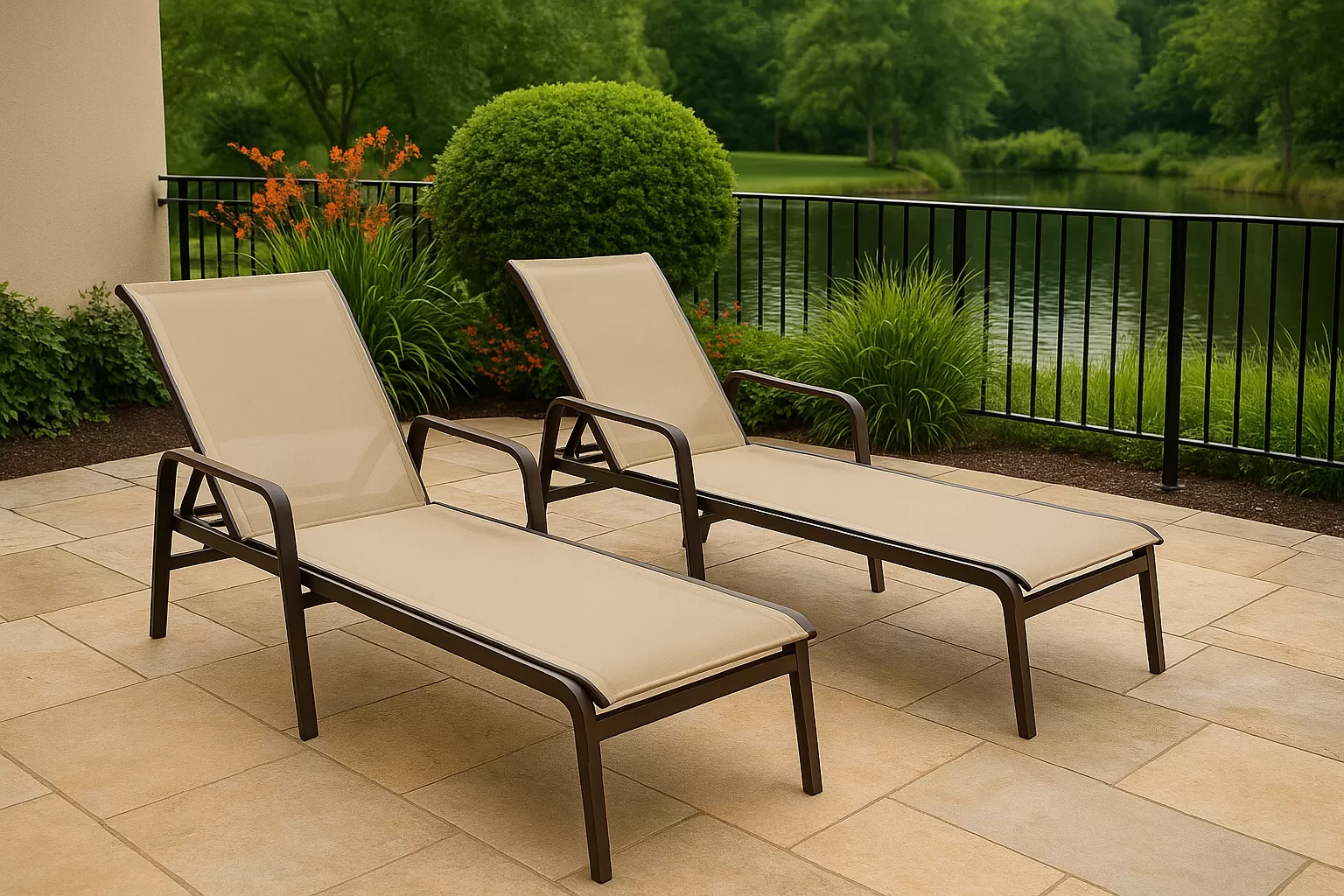Kit com 2 Espreguiçadeiras para Piscina Summer - Alumínio Marrom, Tela Sling Bege | Empilhável