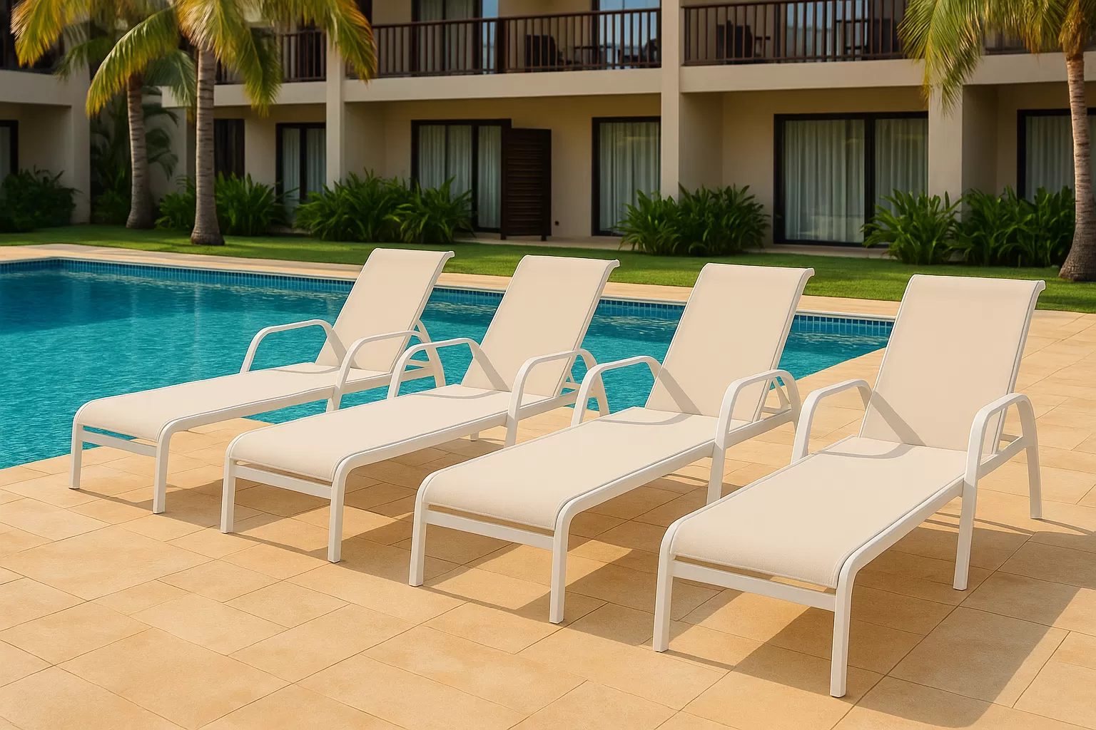 Kit com 3 Espreguiçadeiras para Piscina Summer - Alumínio Branco, Tela Sling Branca| Empilhável