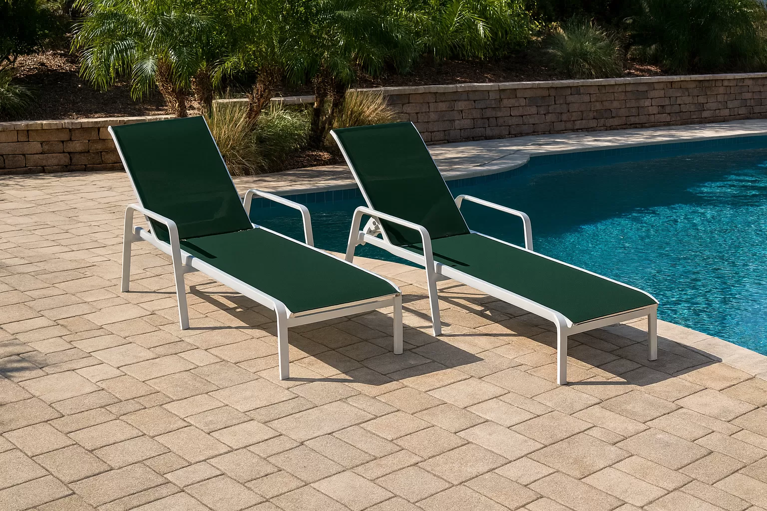 Kit com 3 Espreguiçadeiras para Piscina Summer - Alumínio Branco, Tela Sling Verde Escuro | Empilhável