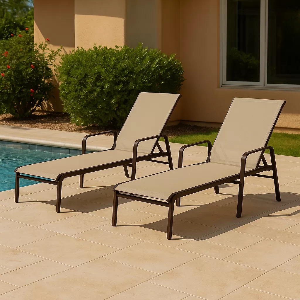 Kit com 3 Espreguiçadeiras para Piscina Summer - Alumínio Marrom, Tela Sling Bege | Empilhável