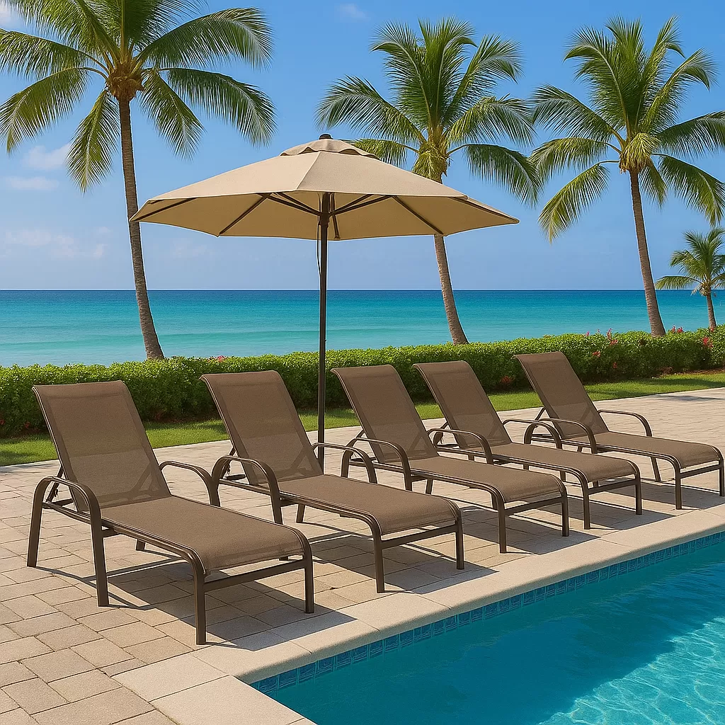 Kit com 3 Espreguiçadeiras para Piscina Summer - Alumínio Marrom, Tela Sling Marrom Empilhável