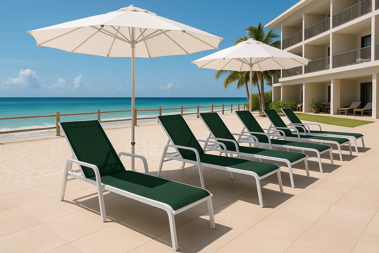 Kit com 5 Espreguiçadeiras para Piscina Summer - Alumínio Branco, Tela Sling Verde Escuro | Empilhável