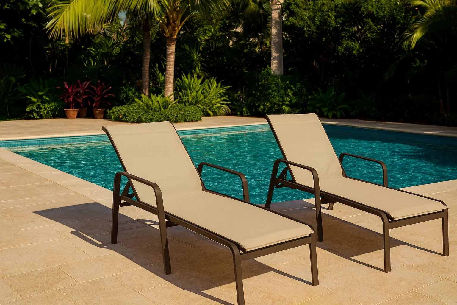 Kit com 5 Espreguiçadeiras para Piscina Summer - Alumínio Marrom, Tela Sling Bege | Empilhável