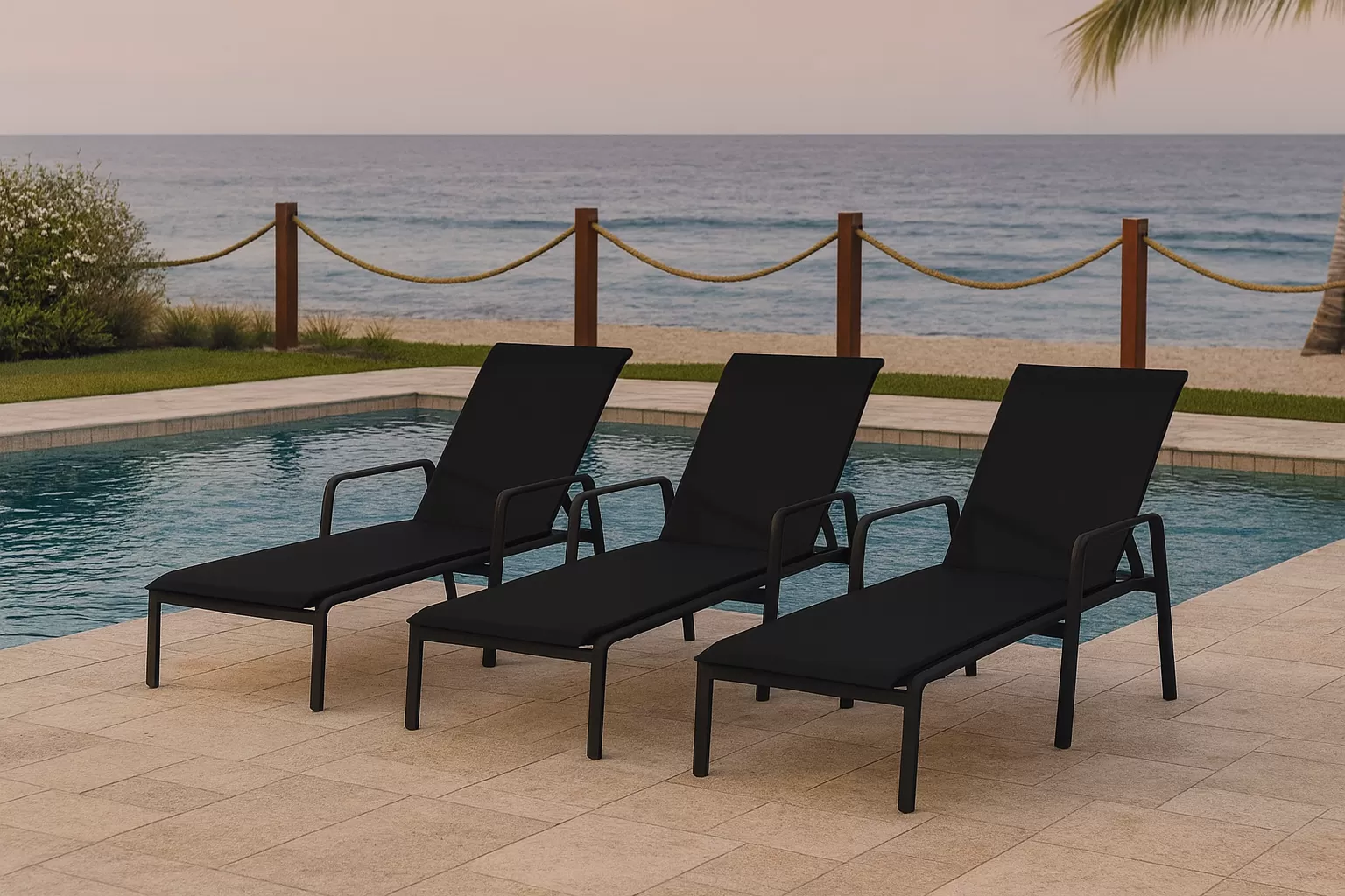 Kit com 5 Espreguiçadeiras para Piscina Summer - Alumínio Preto, Tela Sling Preta | Empilhável