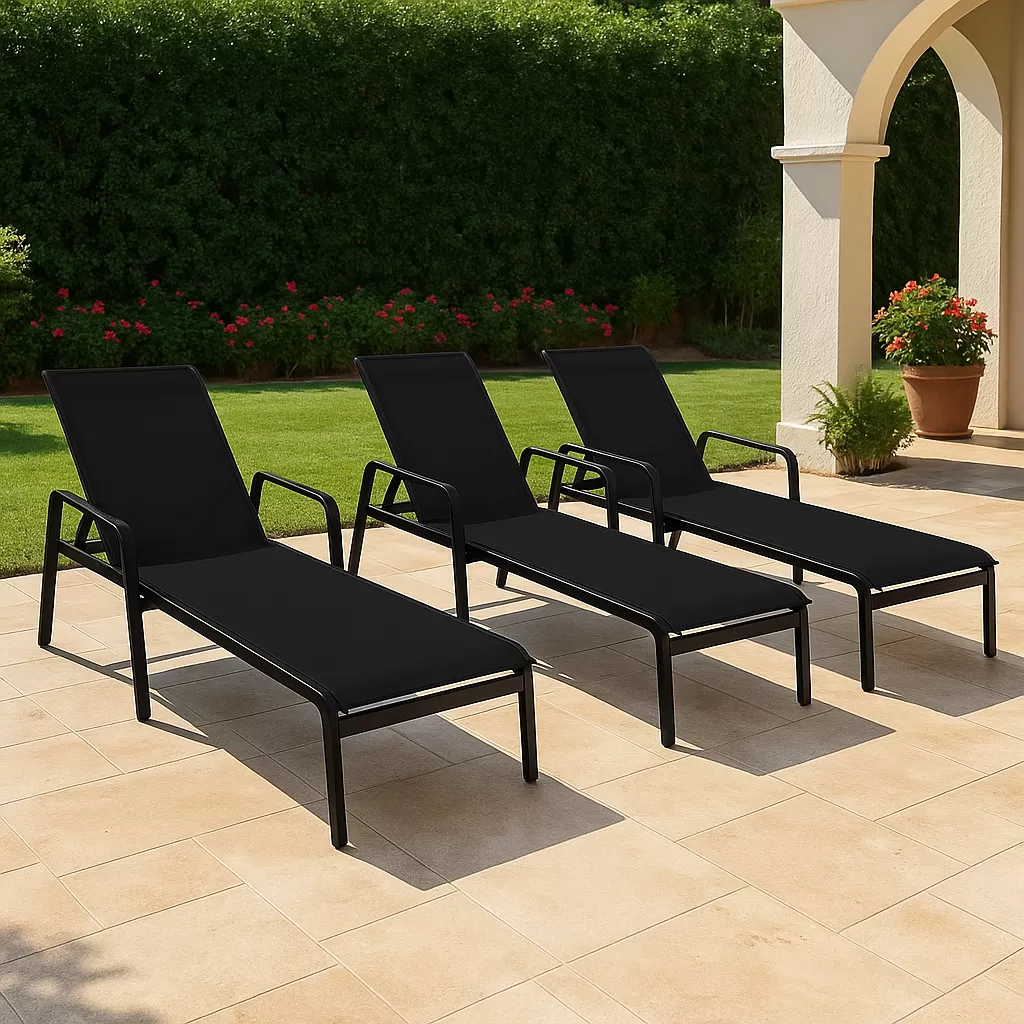 Kit com 5 Espreguiçadeiras para Piscina Summer - Alumínio Preto, Tela Sling Preta | Empilhável
