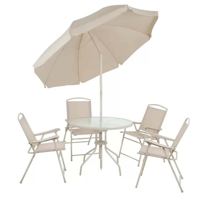 Conjunto EM AÇO para Jardim Piscina Área Externa - 4 Cadeiras + Mesa Redonda + Ombrelone - Cor: BEGE