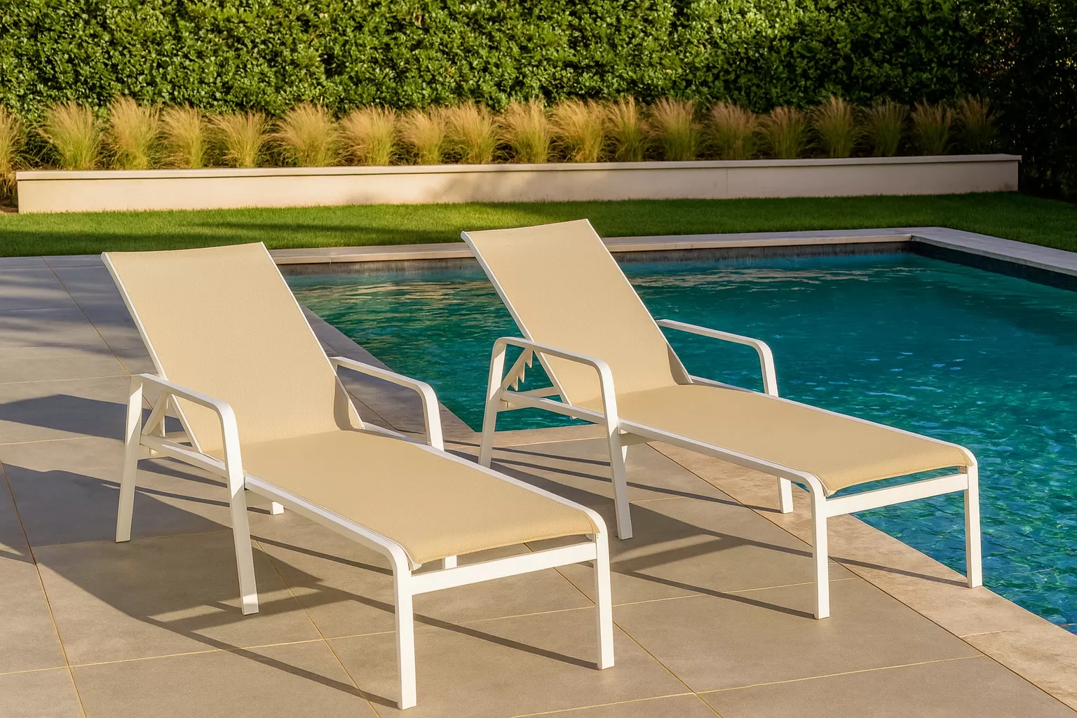 Espreguiçadeira para Piscina Summer - Alumínio Branco, Tela Sling Bege Mesclado | Empilhável