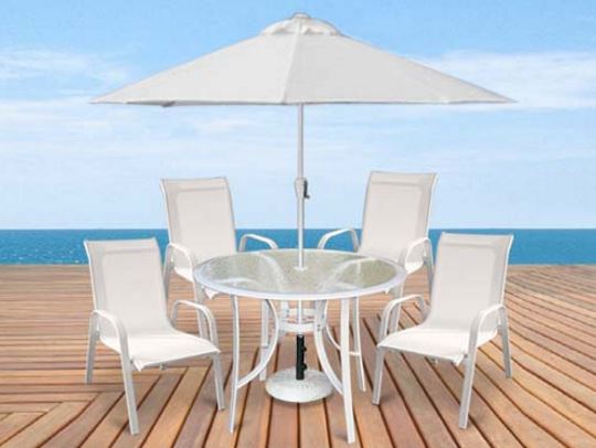 Conjunto Summer Alumínio Branco - Mesa Redonda ø 1,05m + 4 Cadeiras Tela Sling + Ombrelone ø 2,30m - Menor Preço Do Brasil