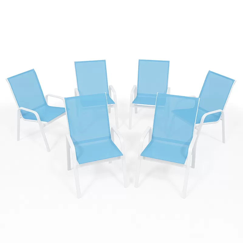 Kit Com 6 Cadeiras Para Piscina Summer - Alumínio Branco, Tela Sling Azul Claro | Empilhável