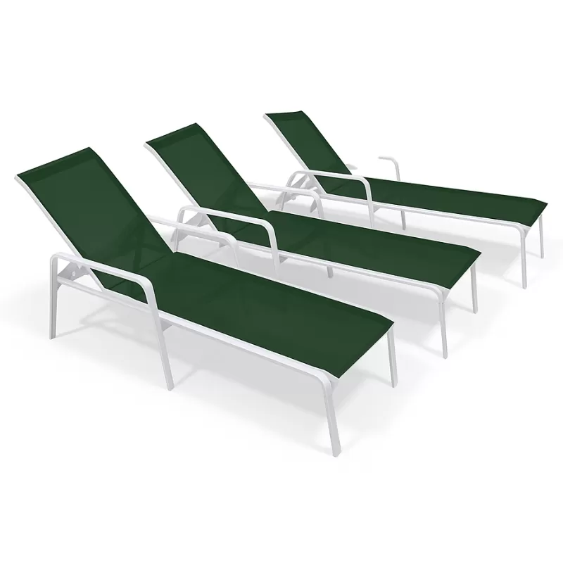 Kit Com 3 Espreguiçadeiras Para Piscina Summer - Alumínio Branco, Tela Sling Verde Escuro | Empilhável