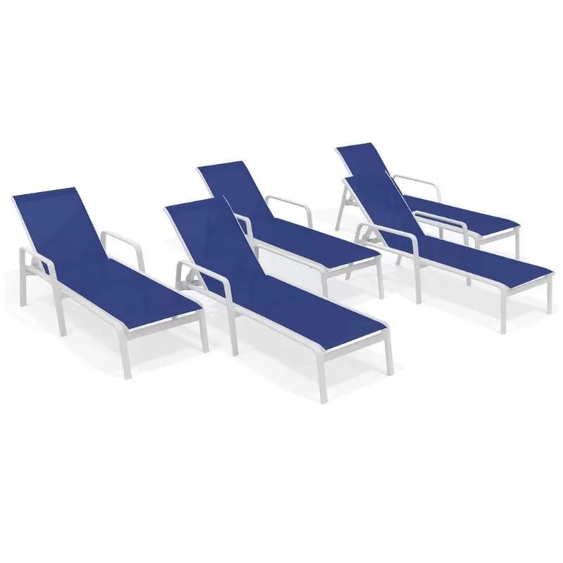 Kit Com 5 Espreguiçadeiras Para Piscina Summer - Alumínio Branco, Tela Sling Azul Escuro | Empilhável