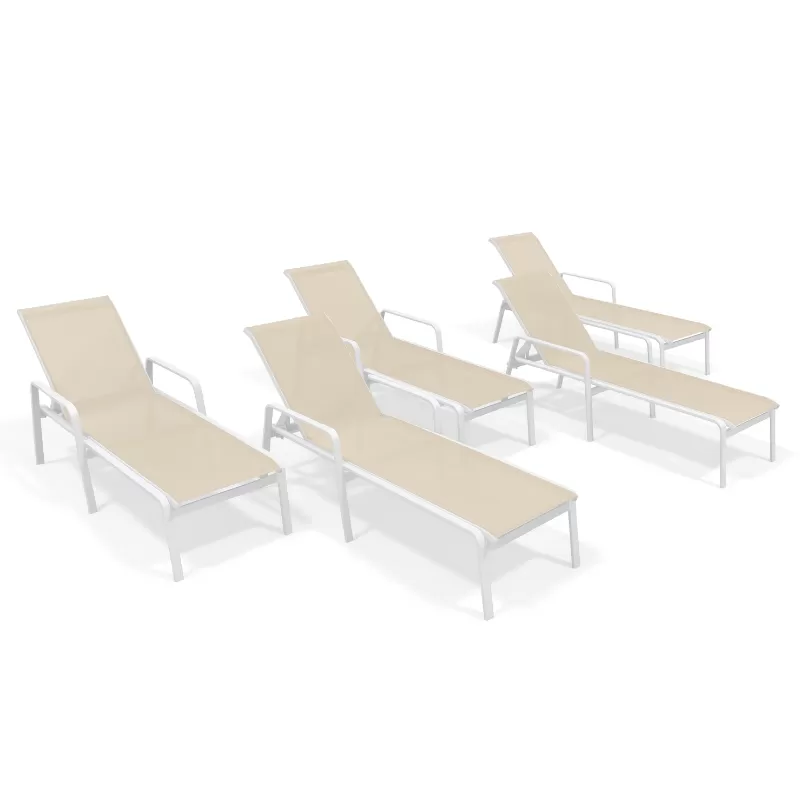 Kit Com 5 Espreguiçadeiras Para Piscina Summer - Alumínio Branco, Tela Sling Bege | Empilhável