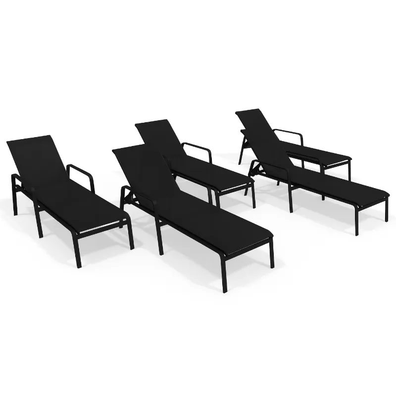 Kit Com 5 Espreguiçadeiras Para Piscina Summer - Alumínio Preto, Tela Sling Preta | Empilhável